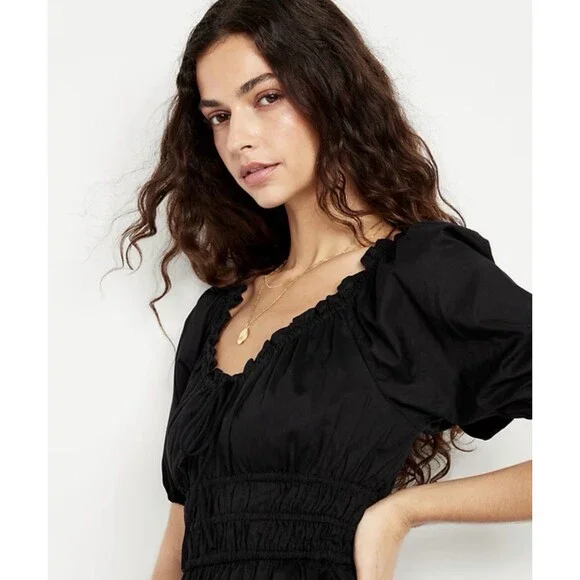 Old Navy Midi Dress Fit Flare Black Puff Sleeve Cotton Vacay Preppy Large P NWT - Picture 5 of 10